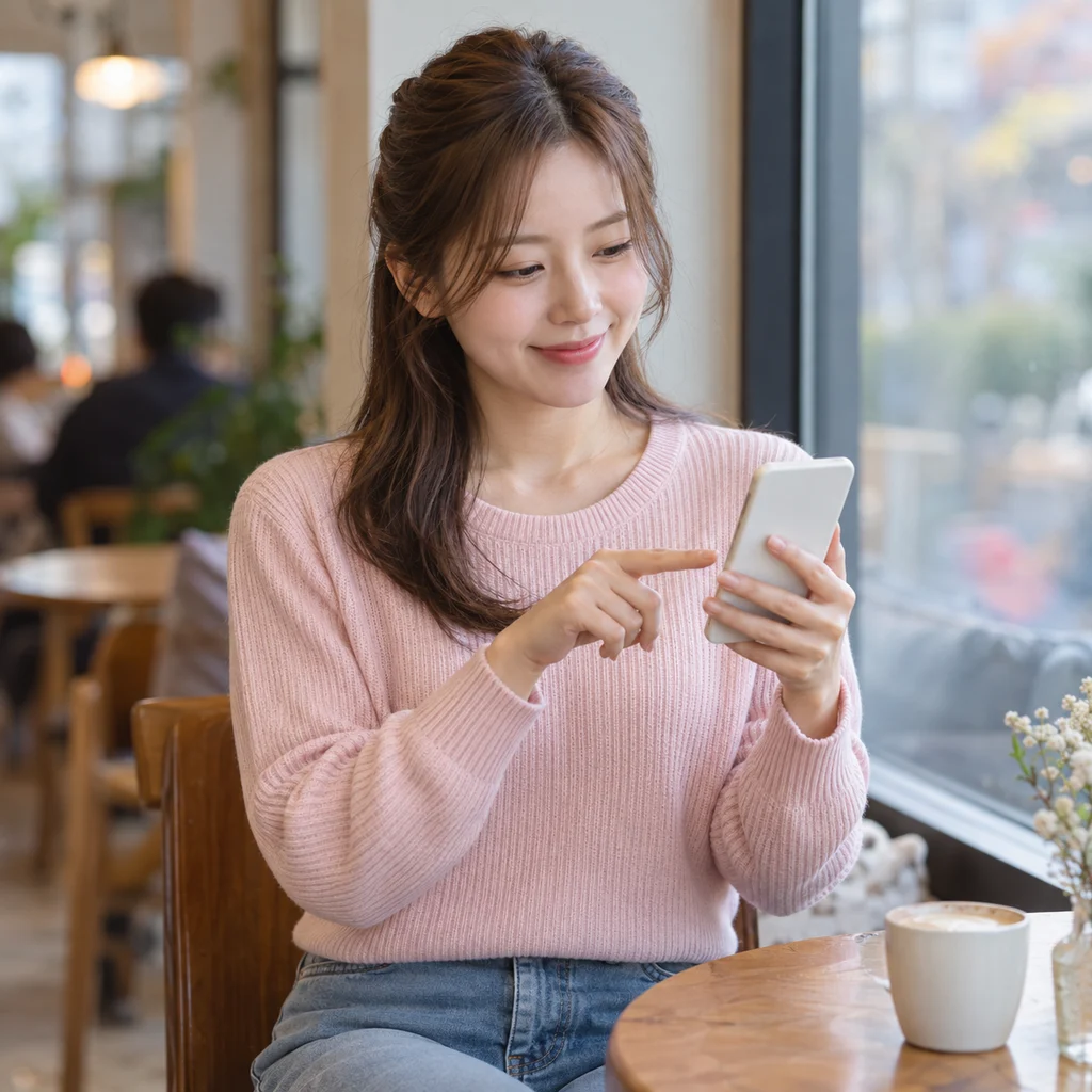 카페에서 휴대폰으로 실수령액 안내 문자를 확인하는 20대 여성